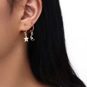 Dainty Moon Star Round Hoop Drop Earrings 2pairs